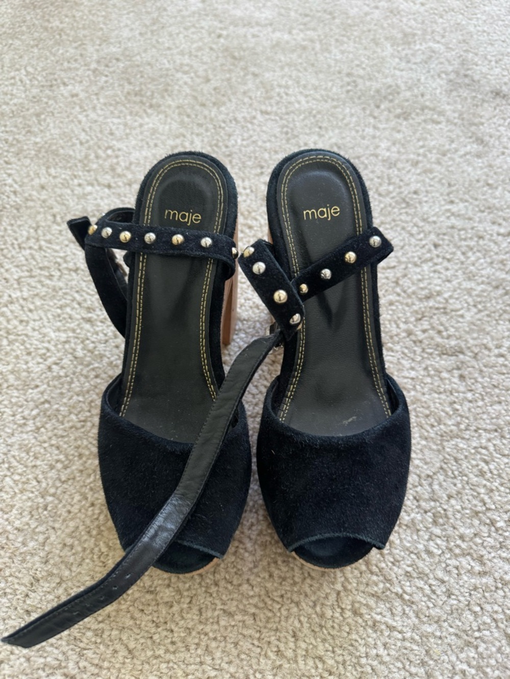 Maje Black Suede Studded Peep-Toe Heels